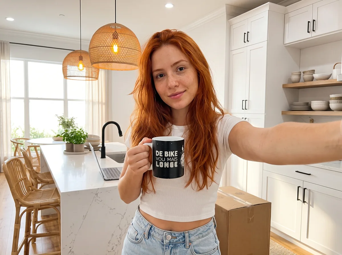 Personagem de cabelo ruivo em uma cozinha, segurando uma caneca