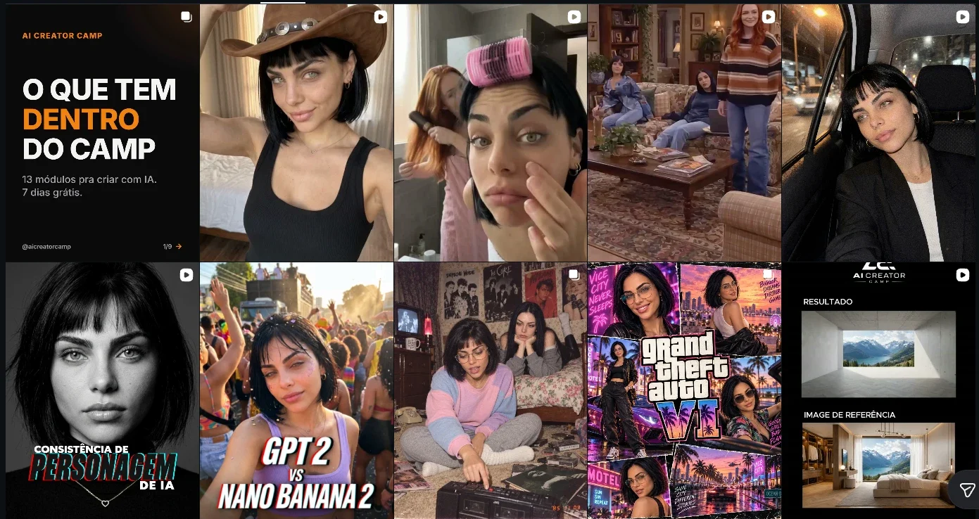 Grade do Instagram da Aiva, personagem de IA do AI Creator Camp, com retratos, cenas de época, tutoriais de prompt e consistência de personagem