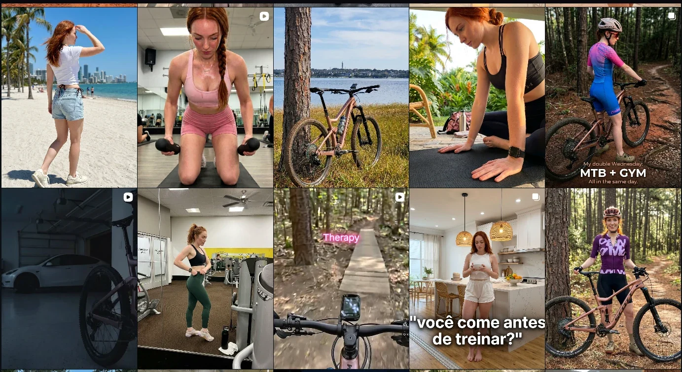 Grade do Instagram da Mila, personagem de IA: treino, mountain bike, cozinha e viagem, sempre com o mesmo rosto