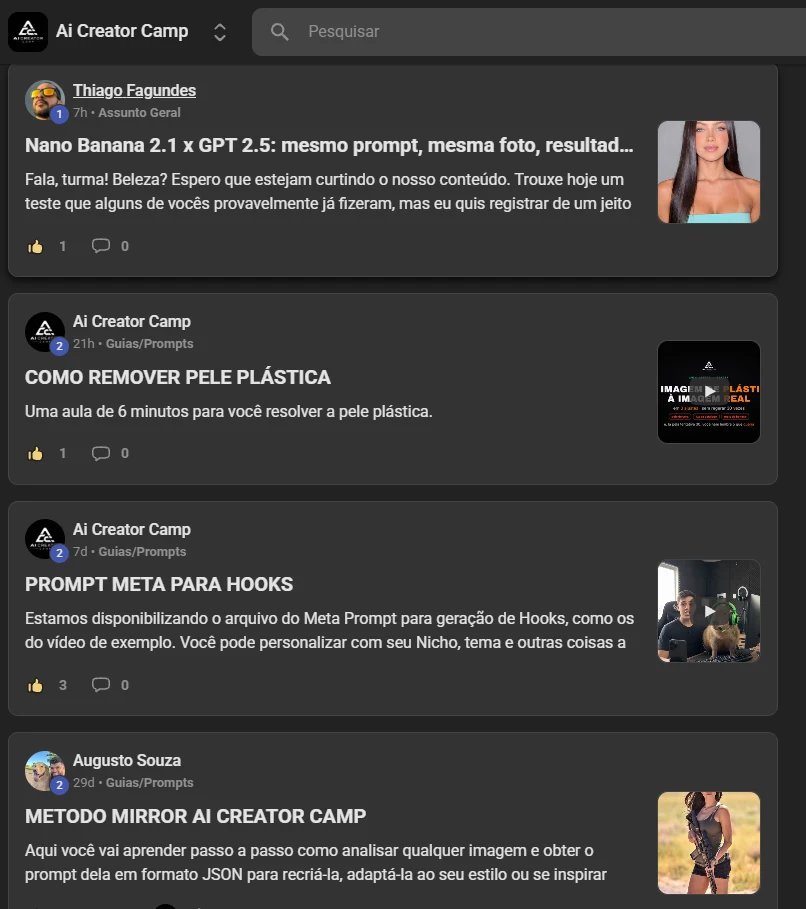 Feed da comunidade AI Creator Camp no Skool, com posts dos fundadores nas categorias Guias/Prompts e Assunto Geral